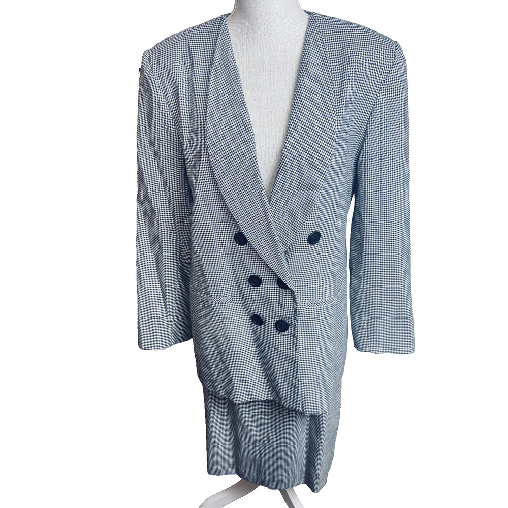 Vintage 80s JG Hook Blazer Suit Skirt Set sz 12 Black white houndstooth career